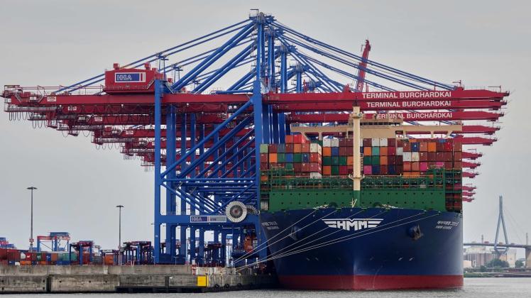 Das Containerschiff «HMM Gdanks» der Reederei «HMM» liegt im Waltershofer Hafen am Container Terminal Burchardkai (CTA). Foto: Julian Weber/dpa