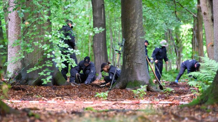 Polizeibeamte durchforsten mit Metalldetektoren und Schaufeln den in Planquadrate aufgeteilten Waldboden in Norderstedt. Foto: Jonas Walzberg/dpa