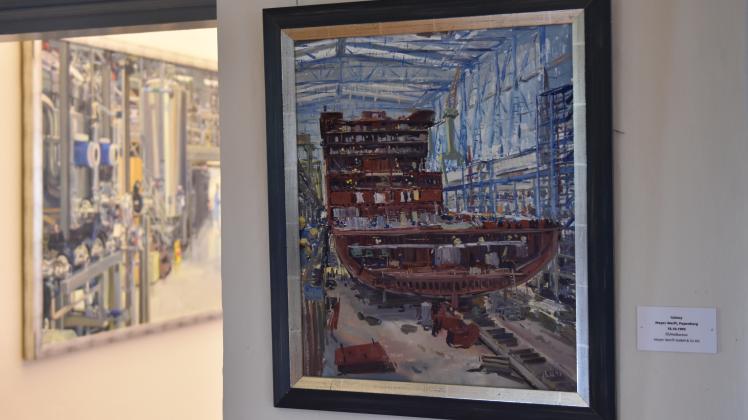Den Prozess des Schiffsbaus hat der Künstler H.D. Tylle in einem Ölgemälde festgehalten. Hier zu sehen ist der Rumpf der Galaxy, die 1996 für die Reederei Celebrity Cruises bei der Meyer Werft gefertigt wurde.