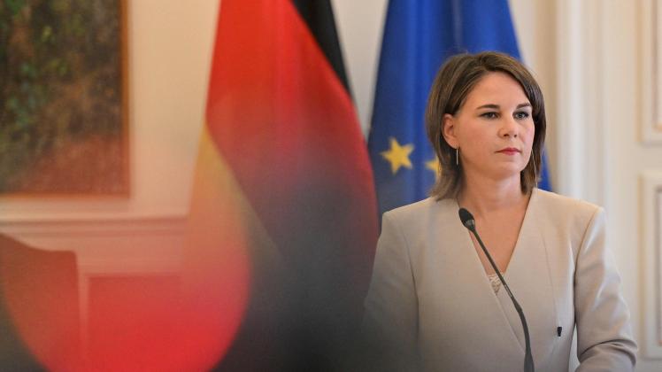German Foreign Minister Annalena Baerbock attends a press conference with her Greek counterpart following their talks in Athens, on July 29, 2022. (Photo by Louisa GOULIAMAKI / AFP)
