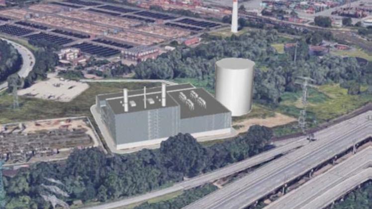 Visualisierung des geplanten Gaskraftwerks auf der Dradenau an der A7 in HÃ¶he Walterhof im Hamburger Hafen. 