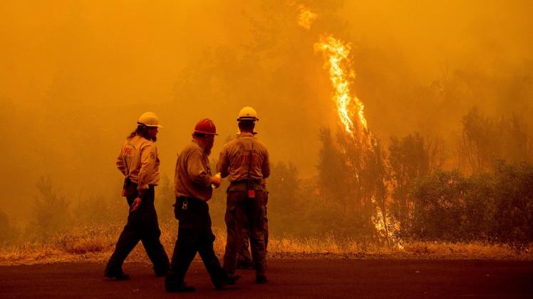 dpatopbilder - Feuerwehrleute stehen vor den Flammen des McKinney-Feuers im Klamath National Forest. Foto: Noah Berger/FR34727 AP/dpa