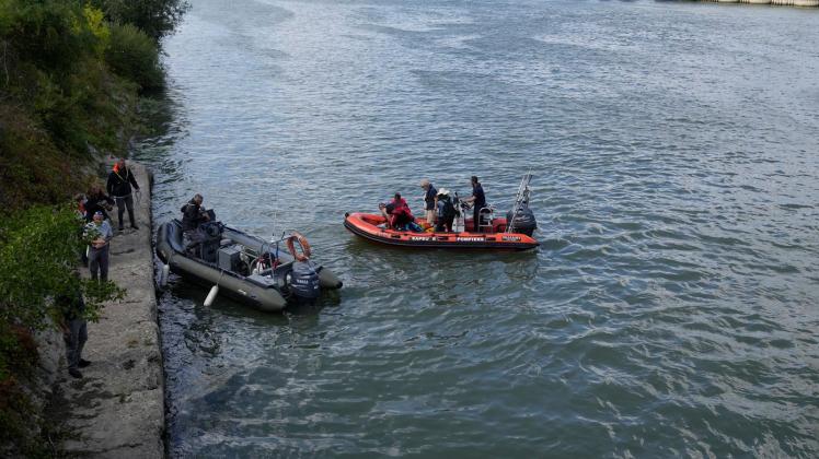 Die französische Feuerwehr benutzt Gummiboote, um einem Belugawal in der Seine zu folgen. Foto: Francois Mori/AP/dpa