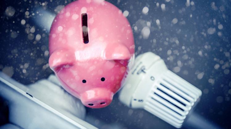FOTOMONTAGE, Sparschwein auf Heizung bei Schneefall, Symbolfoto Energiesparen und steigende Heizkosten *** PHOTOMONTAGE