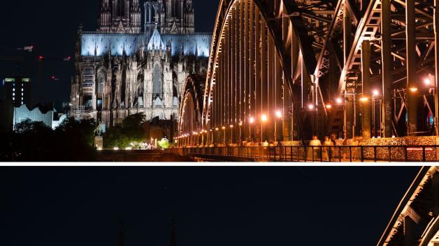 So kann man es gut vergleichen: Der Kölner Dom mit und ohne Beleuchtung in der Nacht. Foto: Marius Becker/dpa
