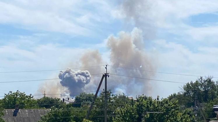 CRIMEA, RUSSIA   AUGUST 9, 2022: Smoke rises after an explosion in the village of Novofedorovka. The Saki air base used