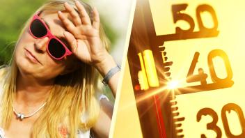 FOTOMONTAGE, Frau mit Sonnenbrille und Thermometer bei 40 Grad Celsius, Symbolfoto Hitzewelle *** PHOTOMONTAGE, woman wi