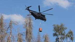 Hubschrauber der Bundeswehr unterstützen die Brandbekämpfung im Einsatzgebiet im Harz. Foto: Matthias Bein/dpa