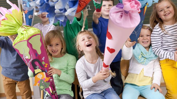 Group of happy pupils with school cones in classroom model released Symbolfoto property released PUB