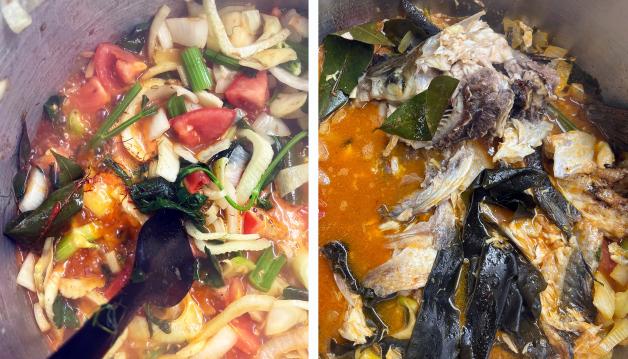 Das Ansetzen der Bouillabaisse ist der aufwändigste Teil des heutigen Gerichts - rechts bereits mit der gerösteten Karkasse des Wolfsbarsches. Anschließend wird der Sud noch reduziert, passiert und fruchtig abgeschmeckt. Das Ansetzen der Bouillabaisse ist der aufwändigste Teil des heutigen Gerichts - rechts bereits mit der gerösteten Karkasse des Wolfsbarsches. Anschließend wird der Sud noch reduziert, passiert und fruchtig abgeschmeckt.
