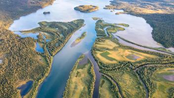 Flussdelta des Tarraätno und See Saggat, Luftaufnahme, Kvikkjokk, Laponia, Norrbotten, Lappland, Schweden, Europa *** Ri