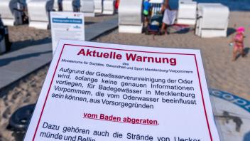 ARCHIV - Eine Warnung vor dem Baden in der Oder ist am Badestrand am Stettiner Haff zu sehen. Foto: Jens Büttner/dpa