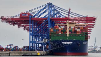 Das Containerschiff «HMM Gdanks» der Reederei «HMM» liegt im Waltershofer Hafen am Container Terminal Burchardkai (CTA). Im Hintergrund ist die Köhlbrandbrücke zu sehen. Foto: Julian Weber/dpa
