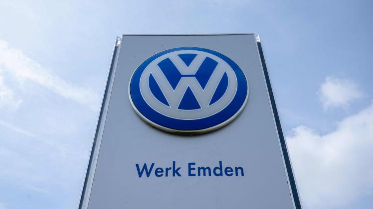The logo of German carmaker Volkswagen is pictured at the production site in Emden, northern Germany, on May 20, 2022. (Photo by DAVID HECKER / AFP)
