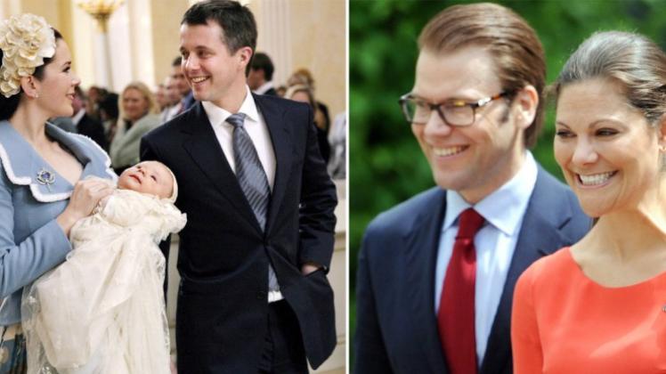 Die Bildkombo zeigt Dänemarks Kronprinz Frederik und Kronprinzessin Mary (l.) bei der Taufe ihres Sohnes Prinz Christian sowie Schwedens Kronprinzessin Victoria und Prinz Daniel. 