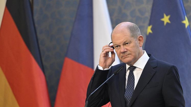 German Chancellor Olaf Scholz attends the press conference after meeting with Czech Prime Minister Petr Fiala on curren