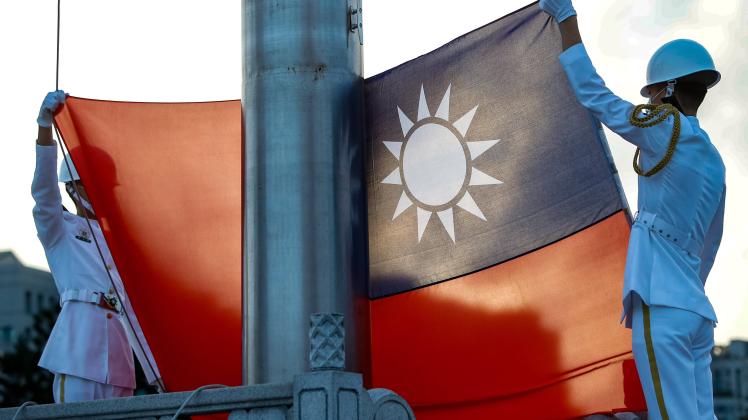August 31, 2022, Taipri, Taipei, Taiwan: Military honour guards hold a morning Taiwan flag raising ceremony, at Liberty