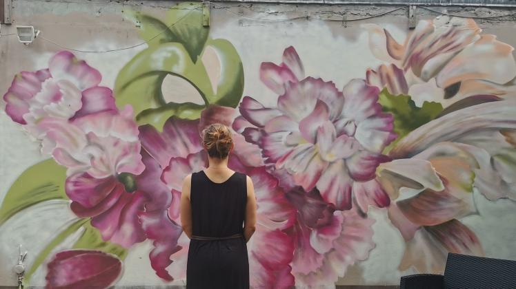Die Tornescher Künstlerin Meike Schade vor einem ihrer großformatigen Wandbilder. Sie hat das Projekt „Rural Mural“ auf die Beine gestellt.