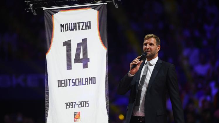 COLOGNE, GERMANY - SEPTEMBER 1, 2022: Dirk Nowitzki s jersey retirement ceremony. The basketball match of Eurobasket 20