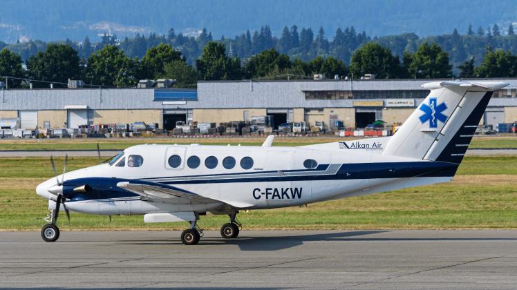 August 20, 2022, Richmond, British Columbia, Canada: A Beech 300 Super King Air (C-FAKW) belonging to Alkan Air taxies t