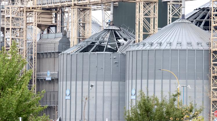 ZAPORIZHZHIA REGION, UKRAINE - SEPTEMBER 4, 2022: A damaged grain elevator in the town of Kamianka-Dniprovska (Kamenka-D