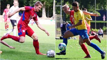Stehen sich am Sonntag im Spitzenspiel der Fußball-Bezirksliga gegenüber: VfL Stenum-Routinier Maximilian Klatte (links) und SV Atlas-II-Verteidiger Marc Rässler (rechts).