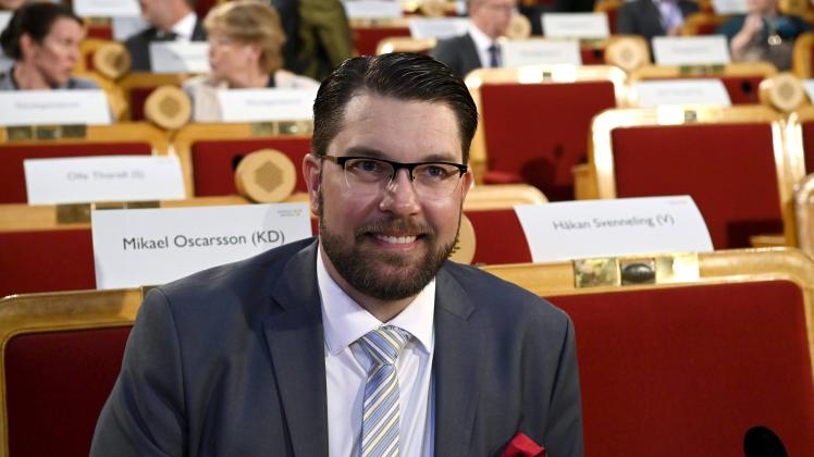 Leader of the Sweden Democrats (Sverigedemokraterna), Jimmie Åkesson, at the Parliament of Sweden in Stockholm, Sweden