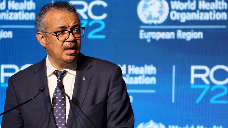 Director-General of the World Health Organisation (WHO) Tedros Adhanom Ghebreyesus delivers a speech during the 72nd session of the WHO Regional Committee for Europe on September 12, 2022 in the Israeli coastal city of Tel Aviv. (Photo by JACK GUEZ / AFP)
