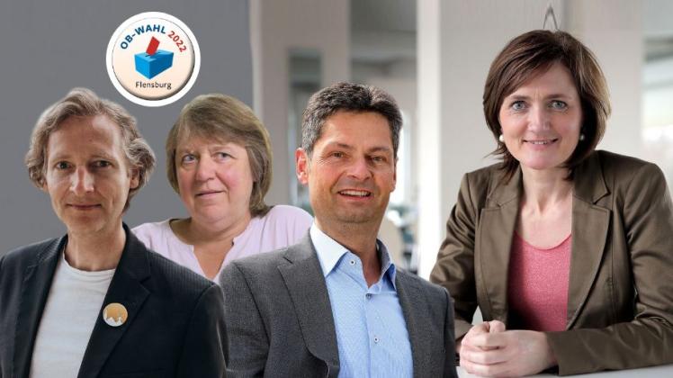 Die Kandidatinnen und Kandidaten bei der Oberbürgermeisterwahl in Flensburg am 18. September 2022: (von links) Marc Paysen, Karin Haug, Fabian Geyer und Simone Lange.