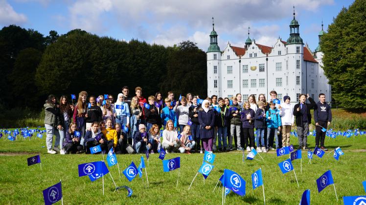 Schüler der Stormarnschule und der Beruflichen Schulen Ahrensburg steckten mit Mitarbeitern des Kinderschutzbundes viele blaue Fähnchen in den Boden der Schlosswiese. Sie symbolisieren die Anzahl der Kinder, die in Stormarn in Armut lebt. 