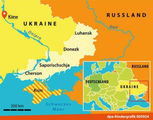 In dieser Grafik siehst du den Osten der Ukraine. Es geht bei den Abstimmungen um die Gebiete Donezk, Luhansk, Cherson und Saporischschja.