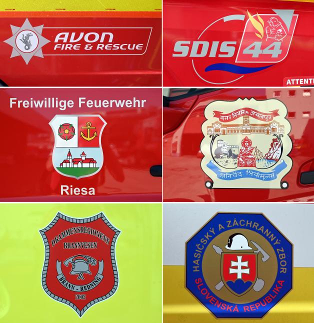 Viele Feuerwehren bekleben ihre Fahrzeuge mit den Zeichen ihrer Stadt.