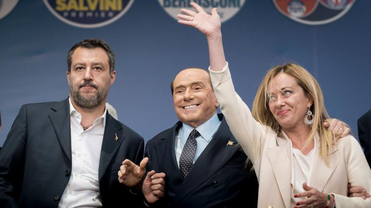 September 22, 2022, Rome, Italy: Matteo Salvini (L), Silvio Berlusconi (C), Giorgia Meloni (R) seen on the stage during