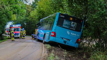 Glücklicherweise stürzte der Bus nicht um, denn das tonnenschwere Gefährt wurde durch einen Baum im Graben gestützt.