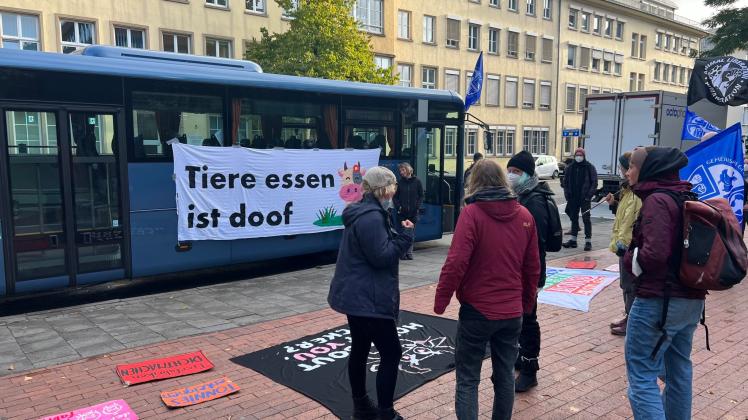 35 Aktivisten des Bündnisses „Gemeinsam gegen die Tierindustrie“ demonstrierten vor dem Osnabrücker Amtsgericht.