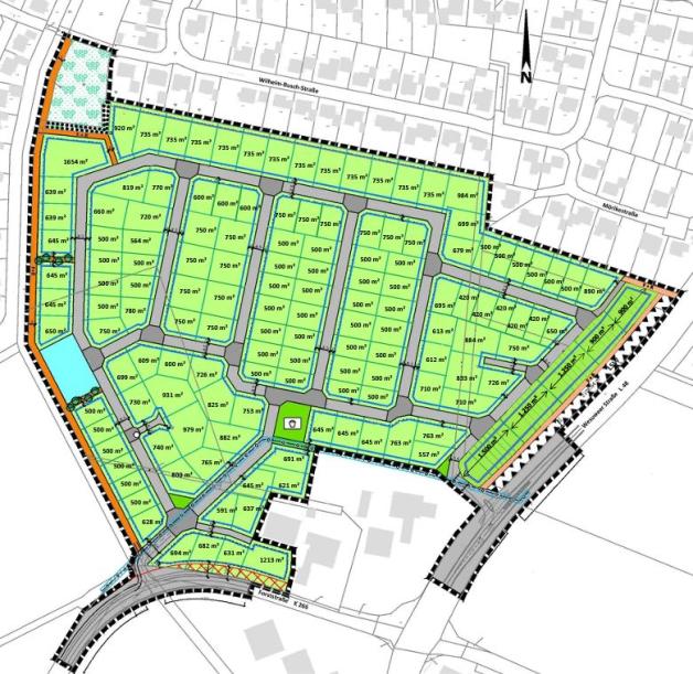 So könnte das Baugebiet an der L48 in Haren aufgeteilt werden. Die hellblaue Fläche markiert den Standort für ein Regenrückhaltebecken, das zentral gelegene Quadrat in dunklerem Grün einen Kinderspielplatz. Bisher handelt es sich bei dieser Grafik aber nur um einen Entwurf. 