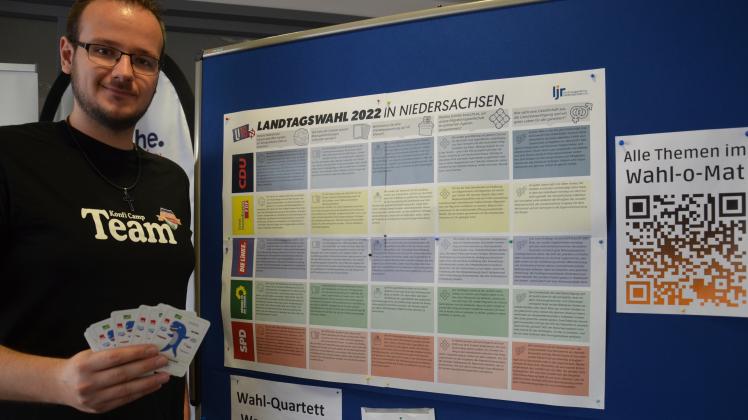 Tobias Macho präsentiert die Unterlagen zur U18-Wahl in Bramsche. 