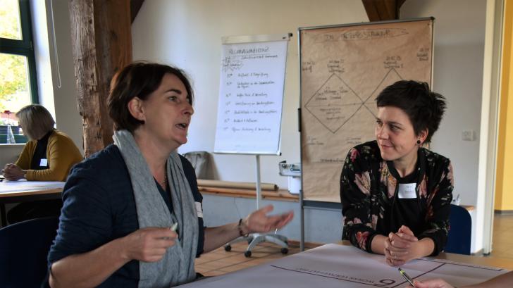 Bei der Regionalkonferenz der „Zukunftswerkstatt Kommunen“ erarbeiten Ruth Hügle (v.l.), Barbara Mahnke und Anne Ewald den Steckbrief für eine Jugendliche.