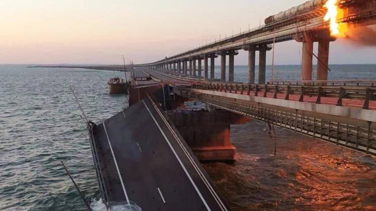 Russia. Kerch. OCTOBER 8, 2022. Collapsed section of a bridge linking Crimea to mainland Russia. Early on October 8, a