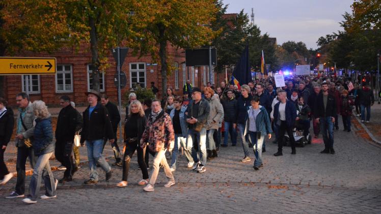 Der Zug der Demonstranten kommt nach dem Gang durch die Innenstadt von Ludwigslust wieder am Alexandrinenplatz an.