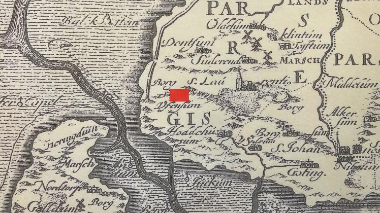 Die rot markierte Stelle zeigt den Standort der Utersumer Vurg auf einer Karte aus der Mitte des 17. Jahrhunderts. 