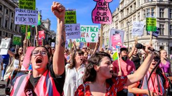 July 9, 2022, London, England, United Kingdom: People holding placards shouting slogans against abortion restriction law