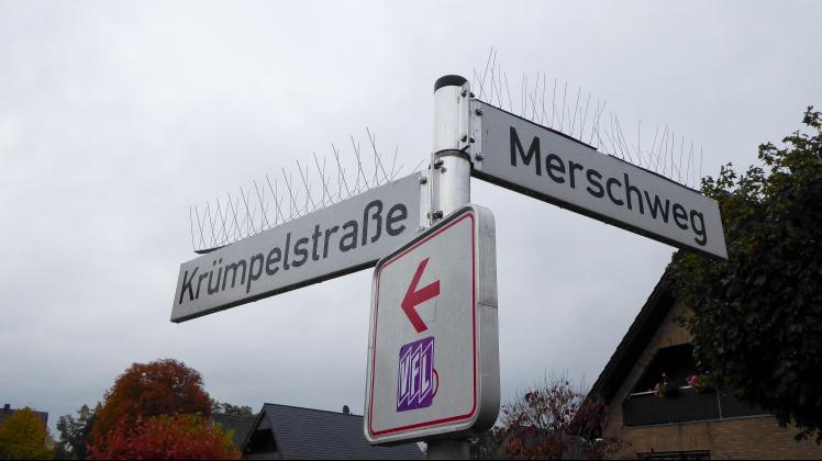 Alsbald entfernt der Servicebetrieb der Gemeinde Lotte die Taubenspikes auf den beiden Straßennamenschildern.