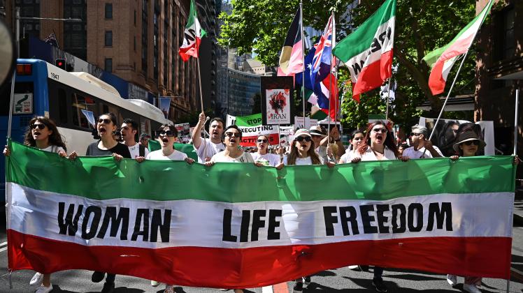 FREEDOM FOR IRAN RALLY SYDNEY, Protesters take part in a Woman, Life, Freedom rally for Iran women in Sydney, Saturday