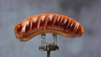 Gegrillte Wurst auf Spieß, Grillwurst, Deutschland, Europa *** Grilled sausage on skewer, Grillwurst, Germany, Europe Co