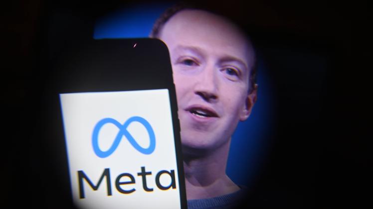 November 8, 2022, France: Mark Zuckerberg, CEO of the group, with the logo. Meta (Facebook, Instagram) plans to lay off