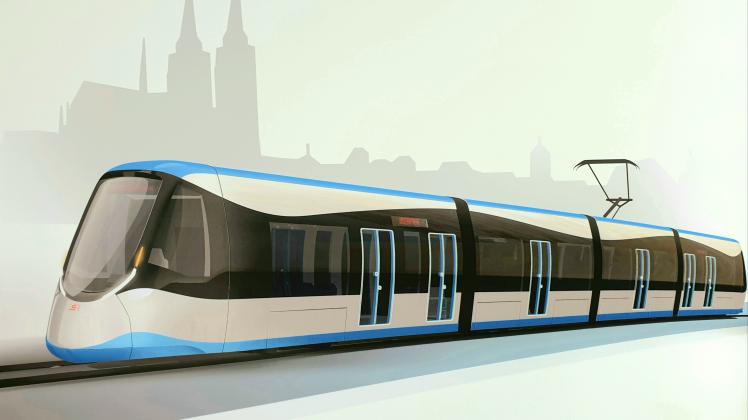 Visualisierung eines Stadtbahn-Fahrzeugs, wie es nach dem Stadtbahn-Neubau in Regensburg verkehren soll. Über Aussehen und Funktionalität der künftigen Stadtbahn-Fahrzeuge konnte die Öffentlichkeit auf der Internetseite der Stadtbahn Regensburg im Sommer 2022 abstimmen. 