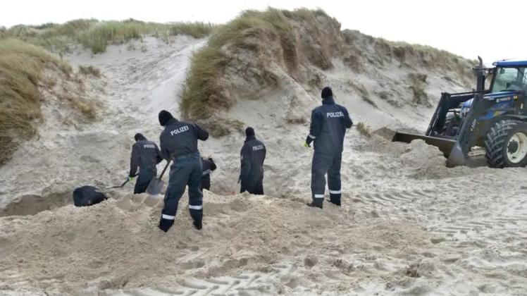 Mordermittlung: In den Dünen von Amrum schob zunächst der Radlader den Sand zur Seite, dann übernahmen Polizisten mit Schaufeln die Suche – und stießen auf die Leiche. 