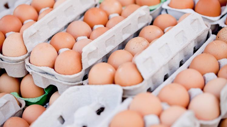 frische braune hühner eier im karton auf dem markt im sommer