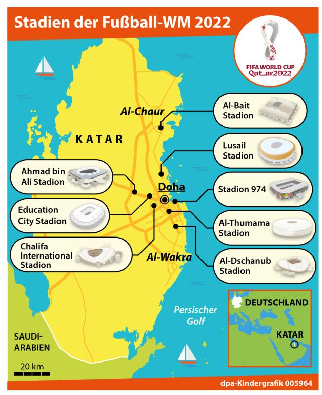 Hier siehst du das Land Katar, seine Entfernung zu Deutschland und die Stadien der Fußball-WM 2022.